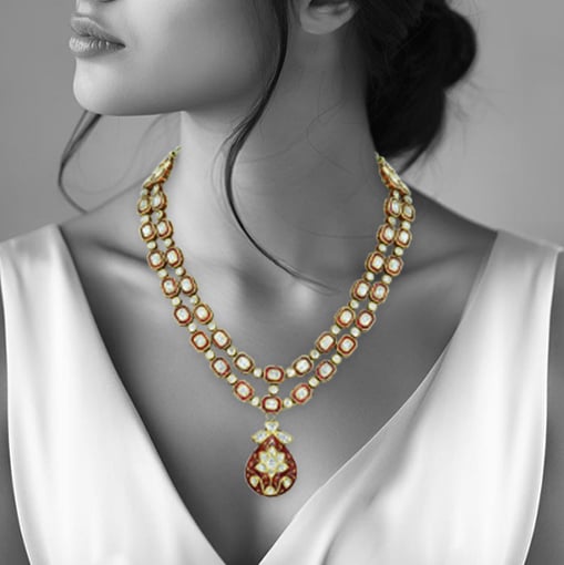 Double-Layer Polki Necklace with Red Enamel and Floral Pendant